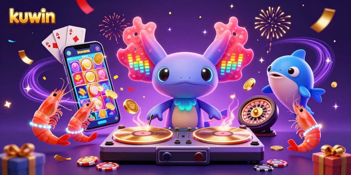 Kuwin showcases an electrifying gaming party with neon axolotl DJ and animated shrimp, celebrating top slots!