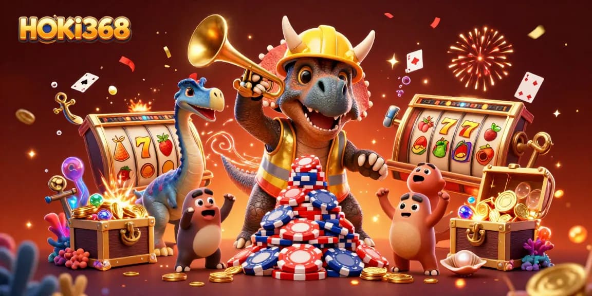 Engage with the excitement of HOKI368 as a triceratops builds a poker chip pyramid amid vibrant casino elements.