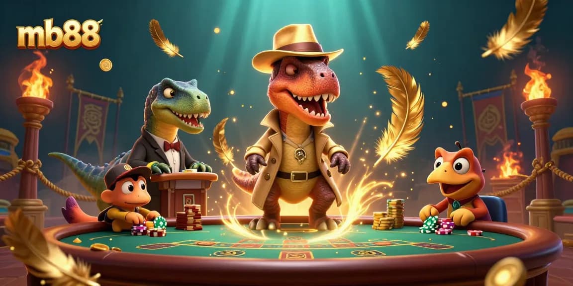 Experience mb88's thrilling blackjack scene with a velociraptor card counter and stegosaurus pit boss.
