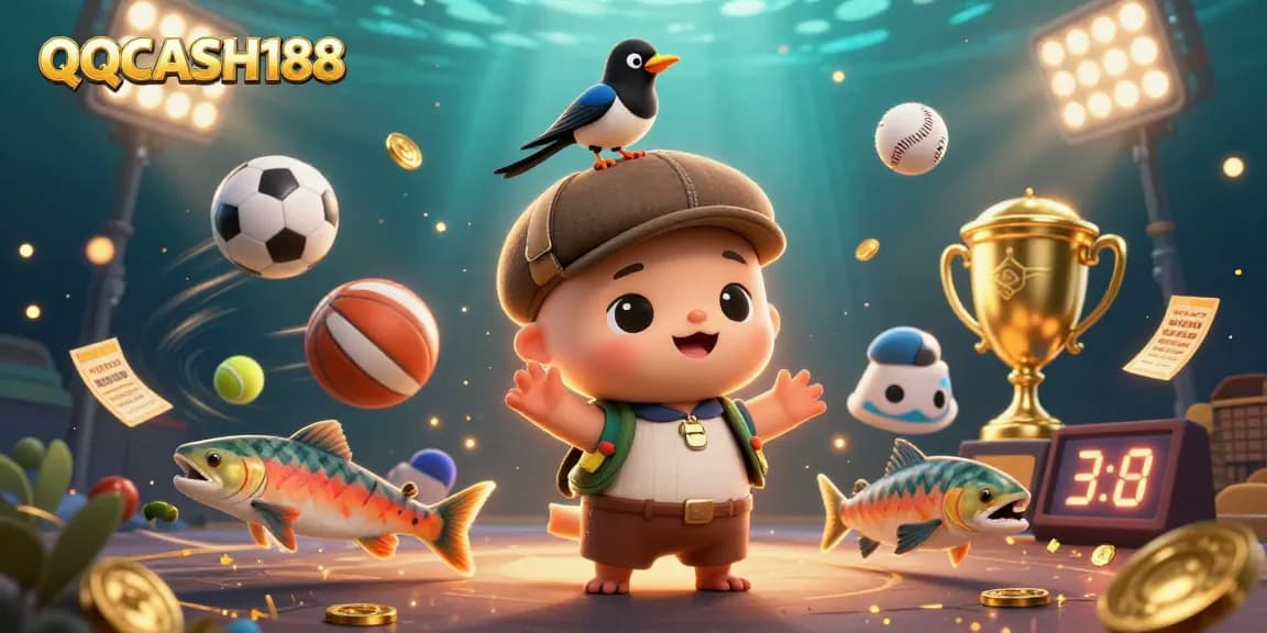 Join the thrill of QQCASH188 with playful cartoon characters and dynamic sports betting action.