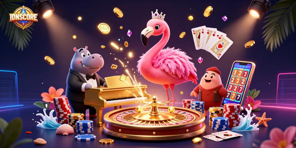Experience excitement at IDNSCORE with a vibrant flamingo singer and games in a dazzling casino.