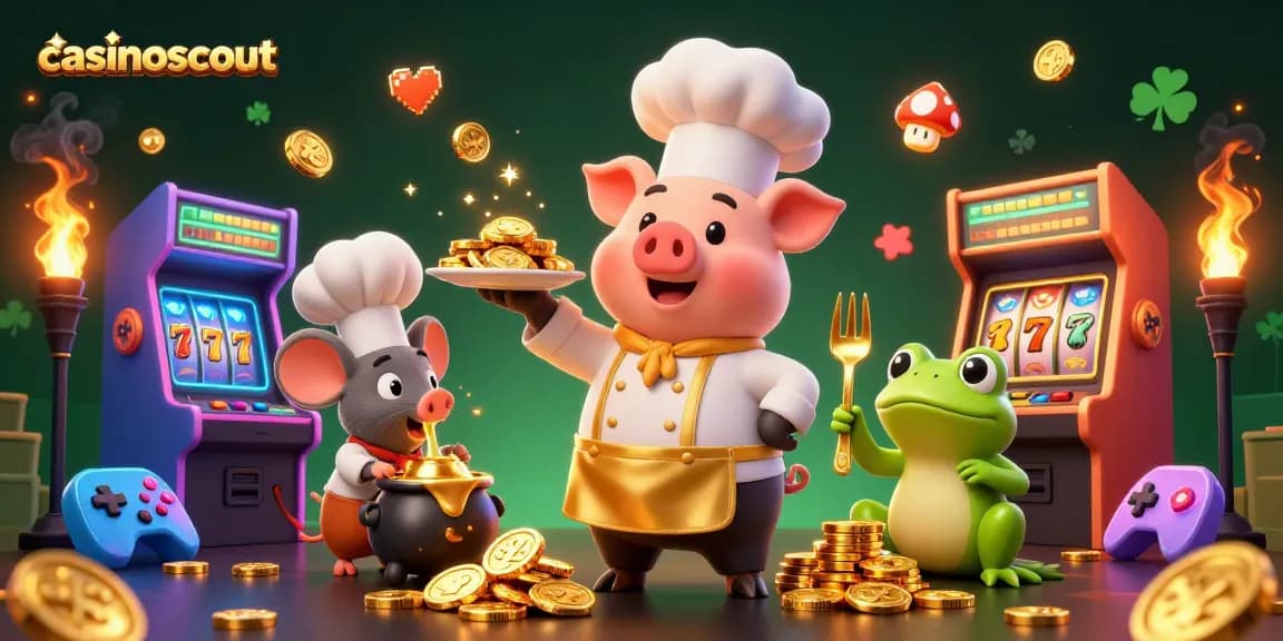 Experience casinoscout's vibrant 3D casino scene with a gourmet pig and gaming excitement.