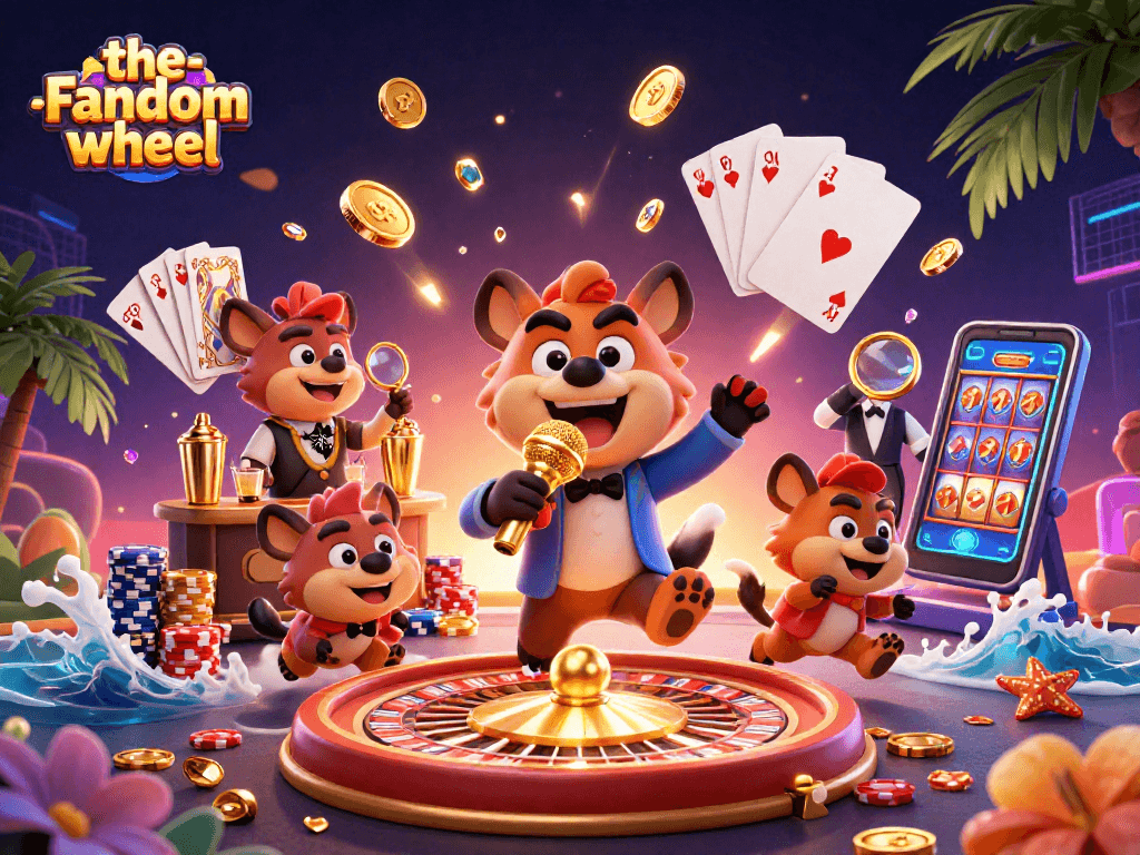 The-random-wheel showcases vibrant hyenas in a casino, featuring a comedian, bartender, and bouncer among dynamic gaming elements.