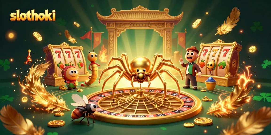 Permainan slot menarik di slothoki dengan laba-laba emas dan roda roulette.