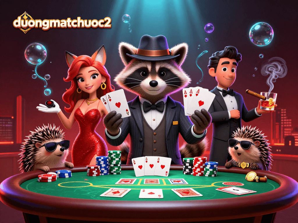 Engage in high-stakes poker action with duongmatchuoc2 featuring a suave raccoon and vibrant casino elements.