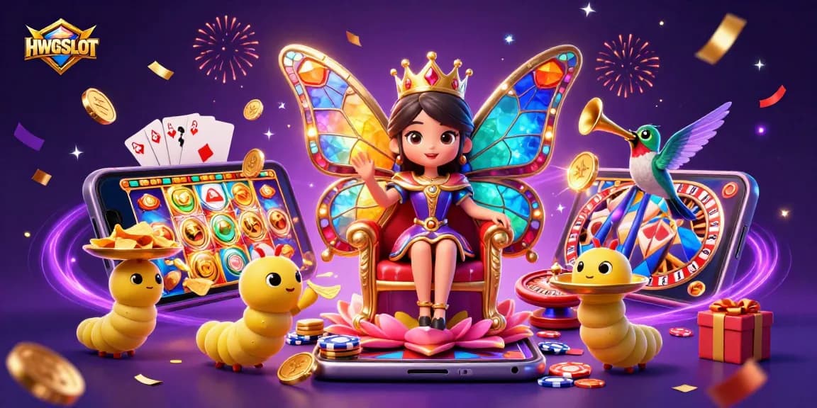 Engage with HWGSLOT’s vibrant digital illustration of lively casino gaming, showcasing a butterfly queen and entertaining elements.