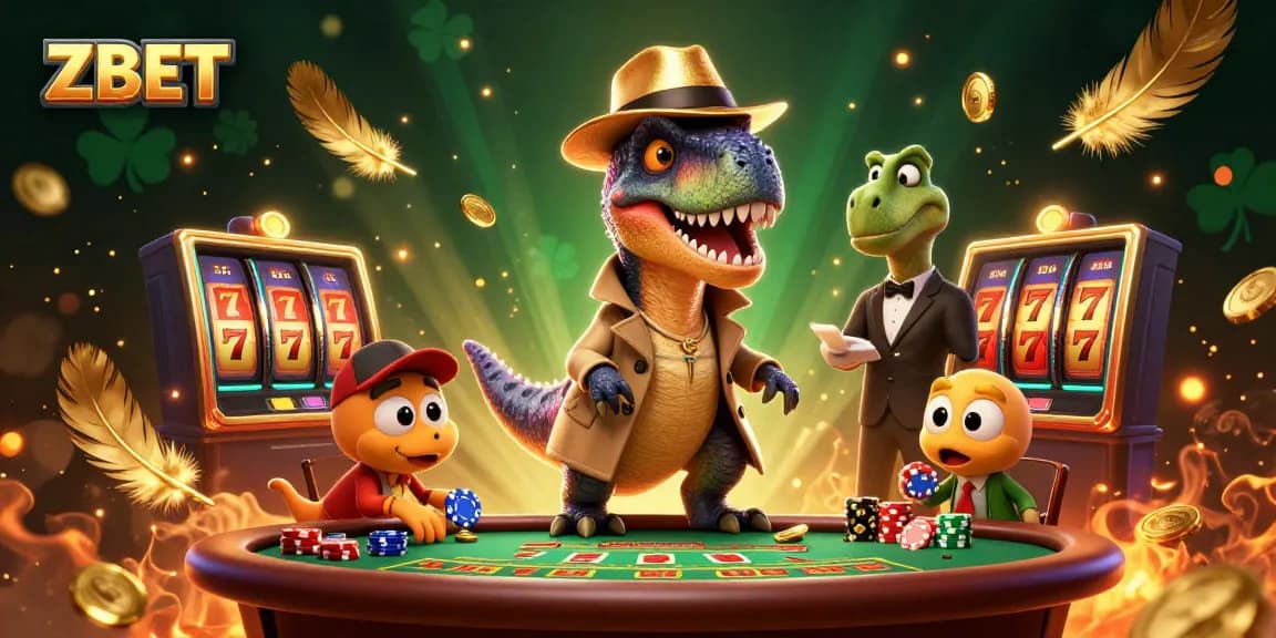 ZBET's thrilling casino scene featuring a stealthy velociraptor card counter, a vigilant stegosaurus pit boss, and a sneaky compy chip thief.