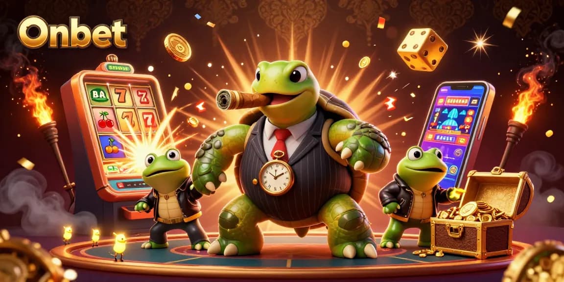 Engage with Onbet's vibrant casino universe featuring massive turtle and bullfrogs in action.