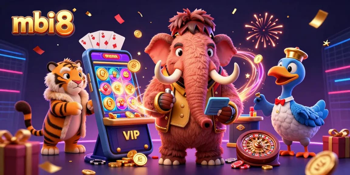 Experience the excitement of mbi 8 with a vibrant 3D casino illustration featuring unique characters.