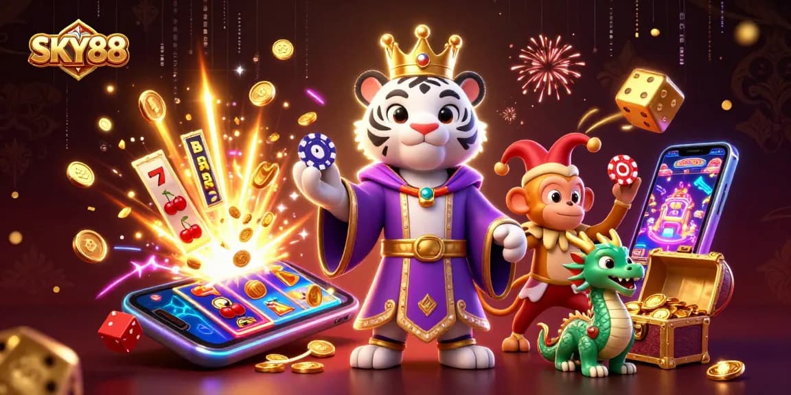 Engage with SKY88's vibrant casino world, featuring a playful tiger, monkey, and jackpot elements.
