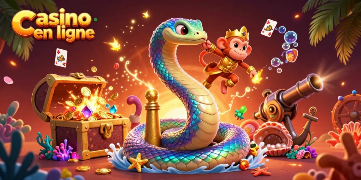 Affrontez l'excitation du casino en ligne avec notre illustration vibrante incluant un serpent arc-en-ciel et un roi singe.