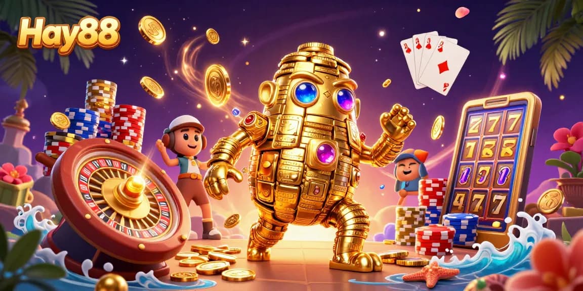 Experience thrilling gameplay with Hay88 through vivid golden golem, dynamic slots, and vibrant casino elements.