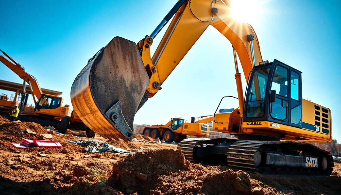 Excavator actively digging on a construction site with workers and materials around.