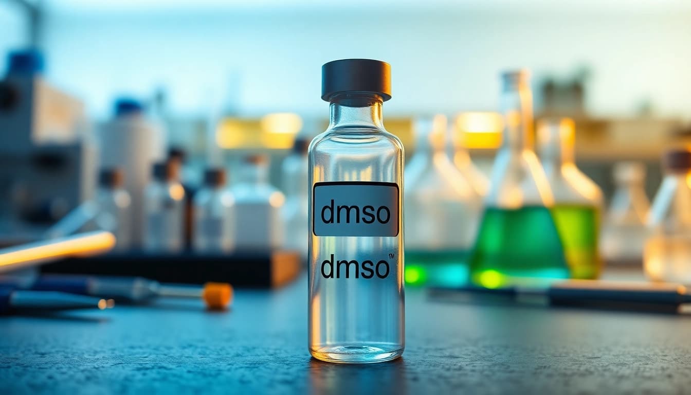 Examine dmso in a glass vial on a lab table with scientific equipment.