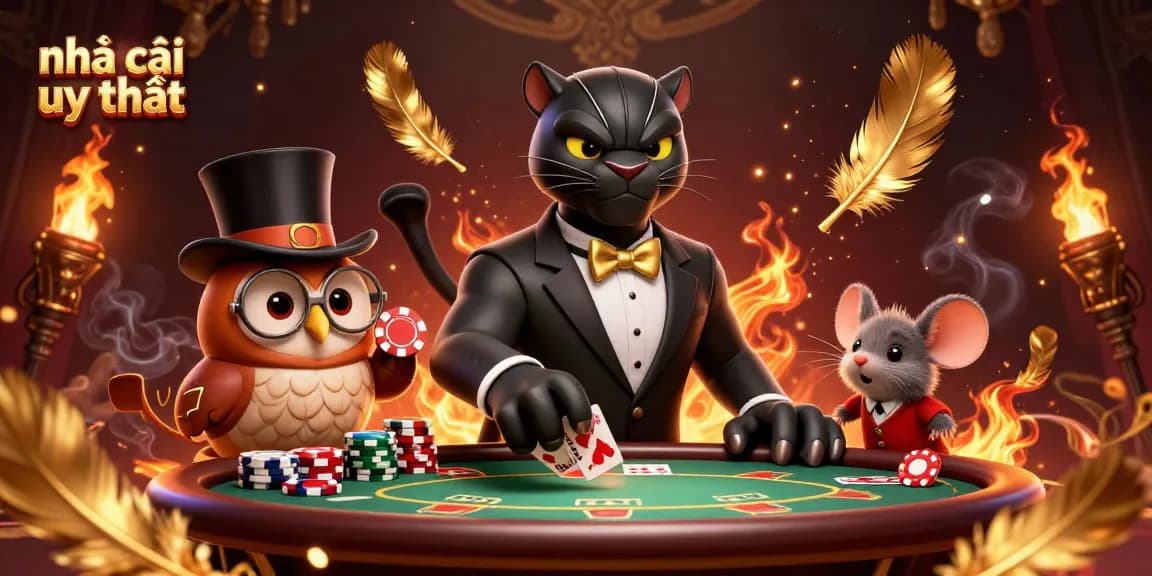 Engaging scene featuring a stylish panther dealer at a poker table, epitomizing nhà cái uy tín