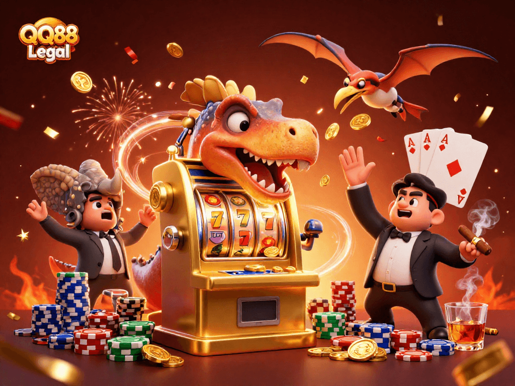 Experience the excitement of QQ88 Legal with a dinosaur-themed jackpot adventure, coins flying in a vibrant casino scene.