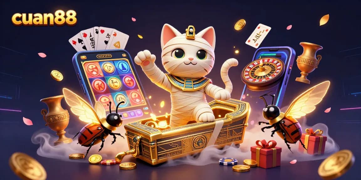Mengalahkan pengalaman kasino dengan cuan88, mengilustrasikan kucing mumi dan permainan slot yang memukau.
