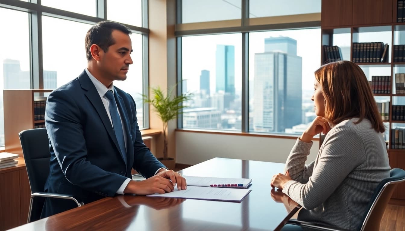 A Houston Legal Malpractice Lawyer consulting with a distressed client in a professional office.