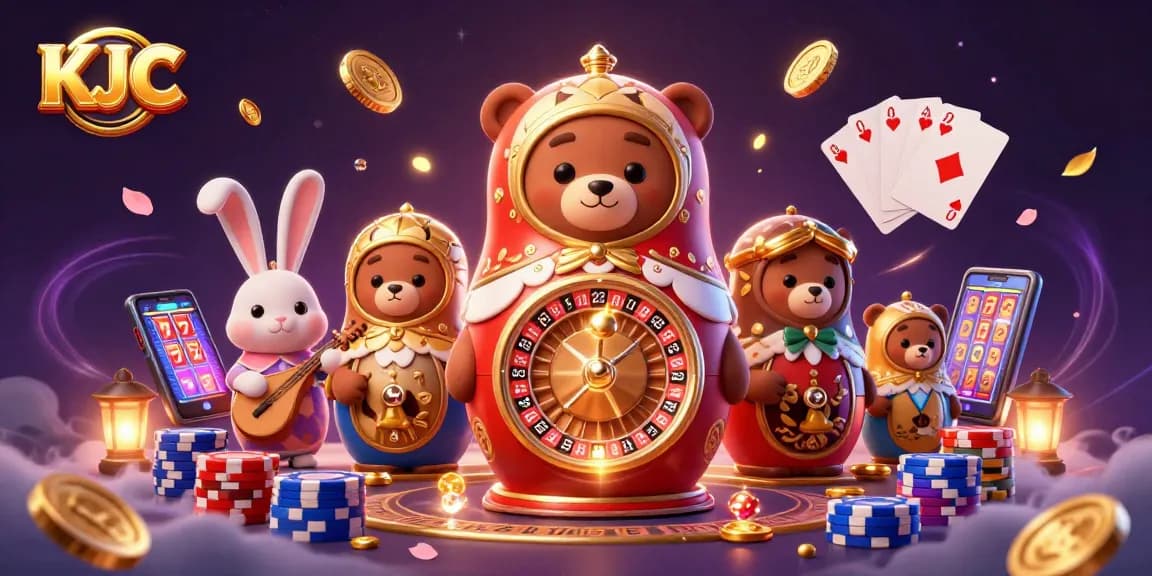 Engage with KJC's thrilling online casino experience featuring a vibrant cartoon scene filled with dealers and action.