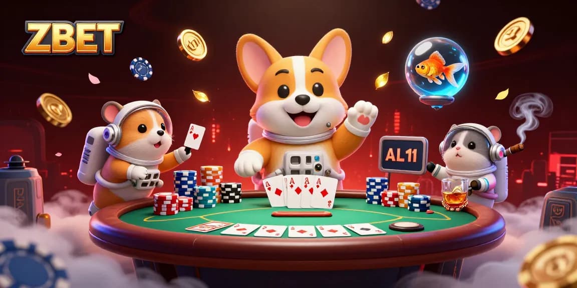 ZBET immersive action featuring a floating astronaut corgi in a space casino, vibrant poker chips and colorful elements.