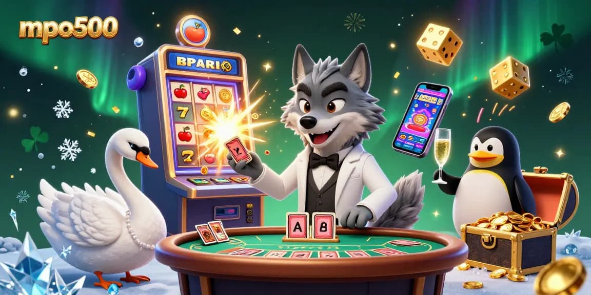 MPO500 reveals winning strategies with an engaging casino scene featuring a debonair wolf, elegant swan, and sophisticated penguin.