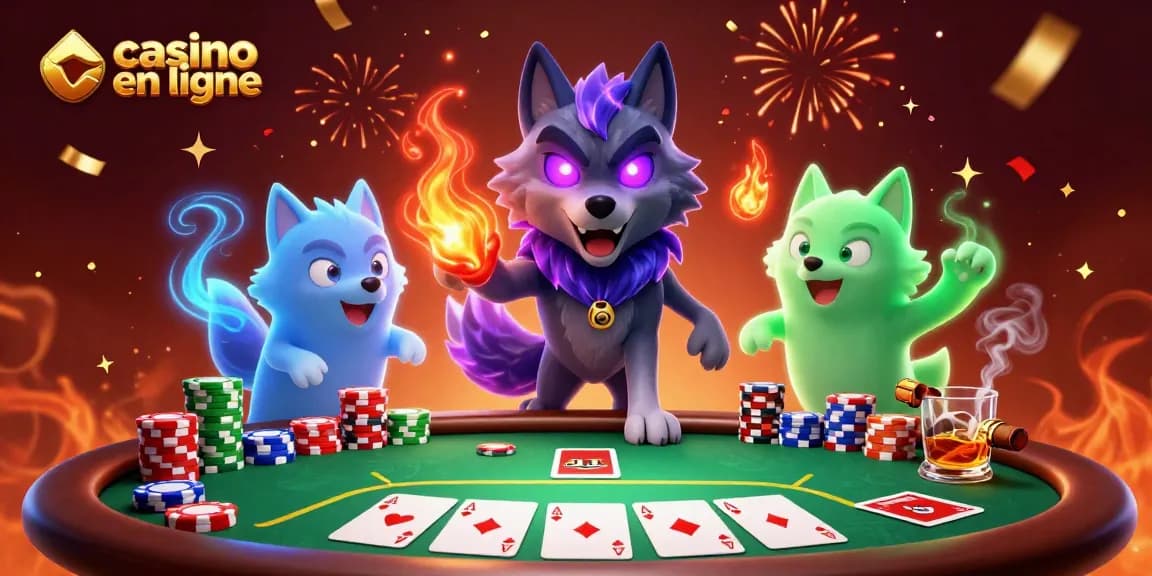 Des joueurs de casino en ligne s'affrontent autour d'une table de poker animée.