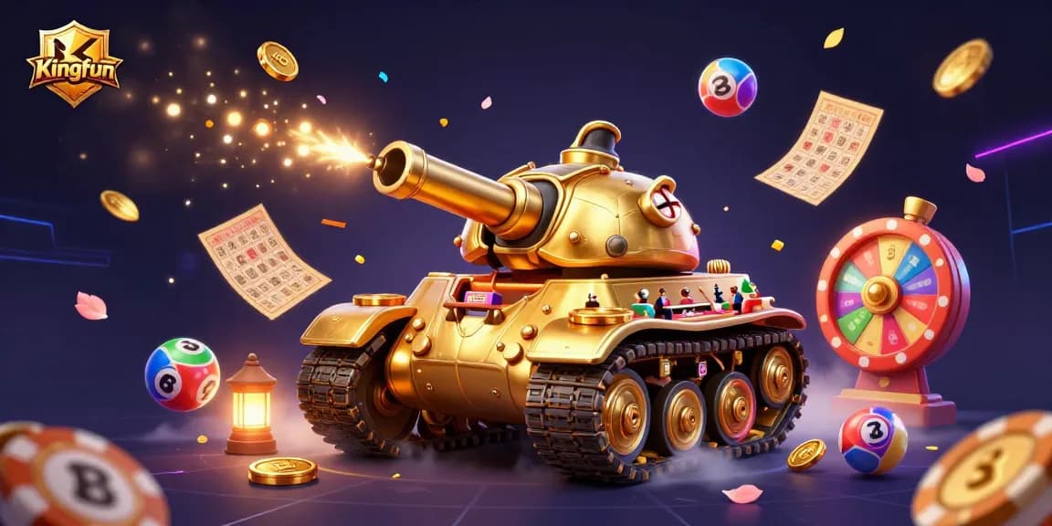 Experience the excitement of Kingfun with a dynamic casino scene featuring a golden beetle tank, lottery elements, and vibrant decorations.