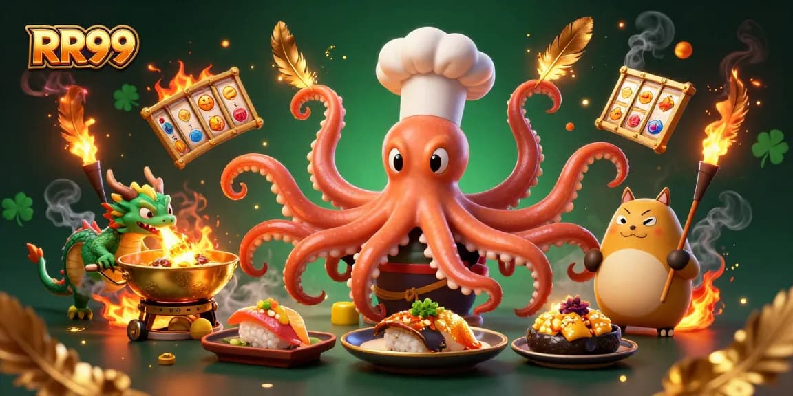 Engage with RR99's dynamic casino experience featuring a cartoon octopus chef and dragon.