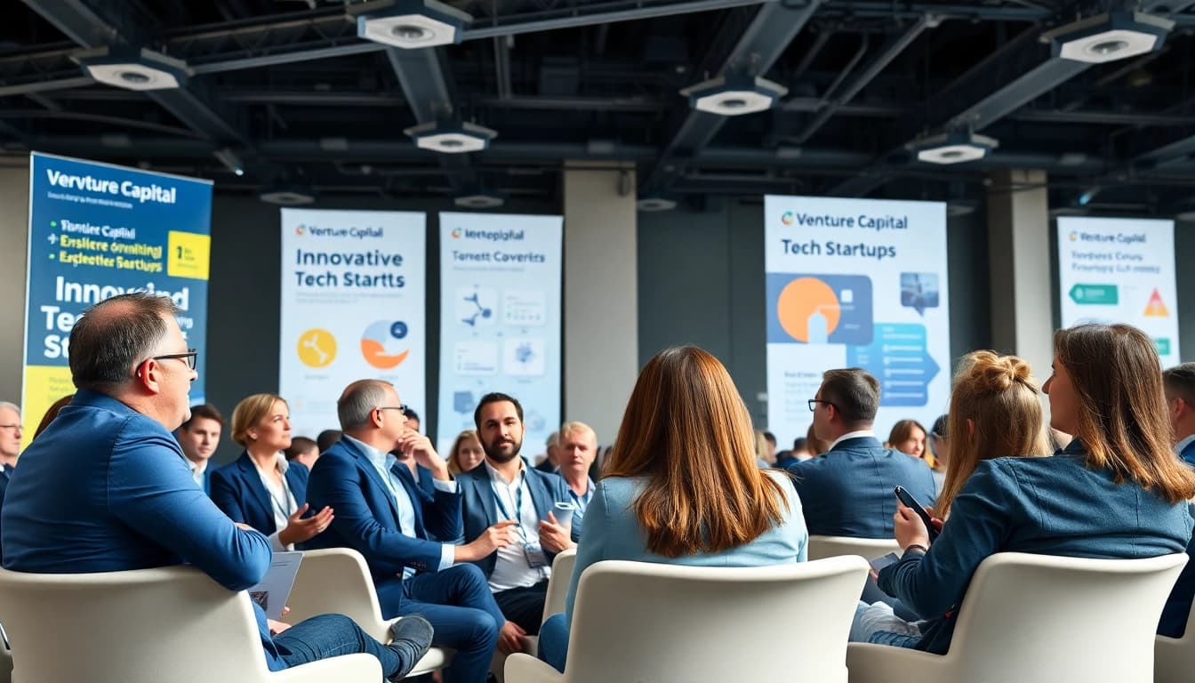 Venture Capital professionals collaborating at a conference to discuss investment opportunities.