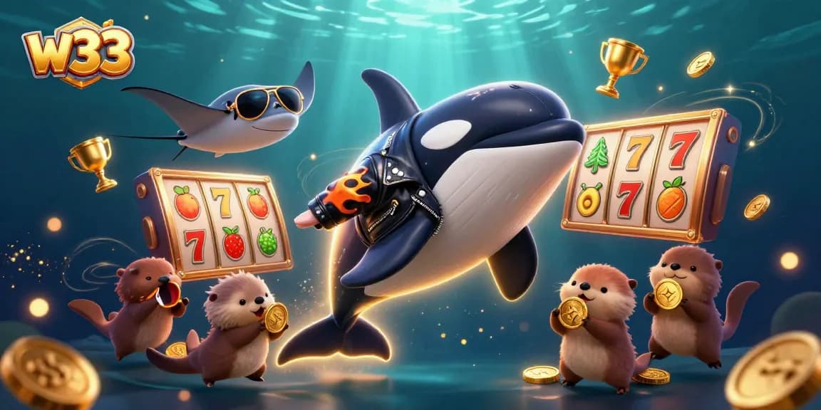 Experience thrilling w33 pokies with an exciting underwater casino scene featuring animated characters and rich game elements.