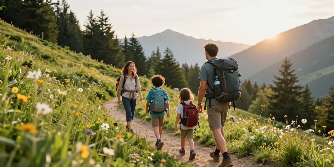 Family hiking in the mountains, showcasing family adventure with mantra88 in a vibrant outdoor setting.
