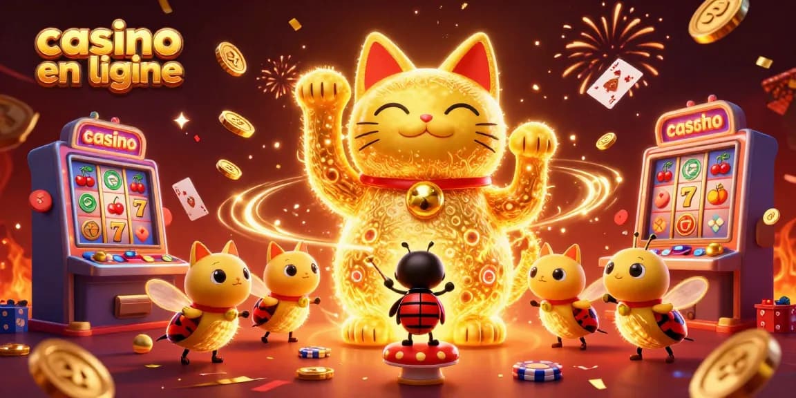 Gagnez avec le casino en ligne grâce à une belle illustration de chat porte-bonheur et de symboles de jeux.