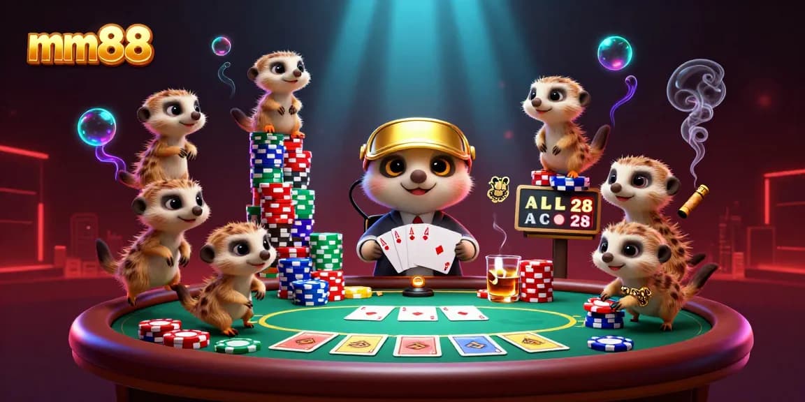 mm88 meerkats masterfully operating a vibrant casino setting with poker elements and dramatic colors