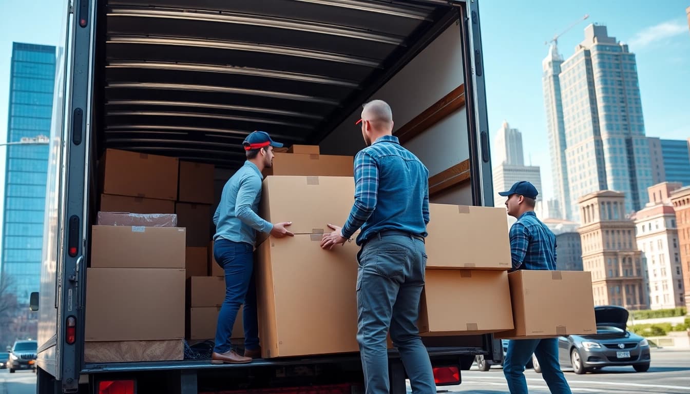 Movers Manhattan NY team loading a truck with furniture in a busy urban setting.