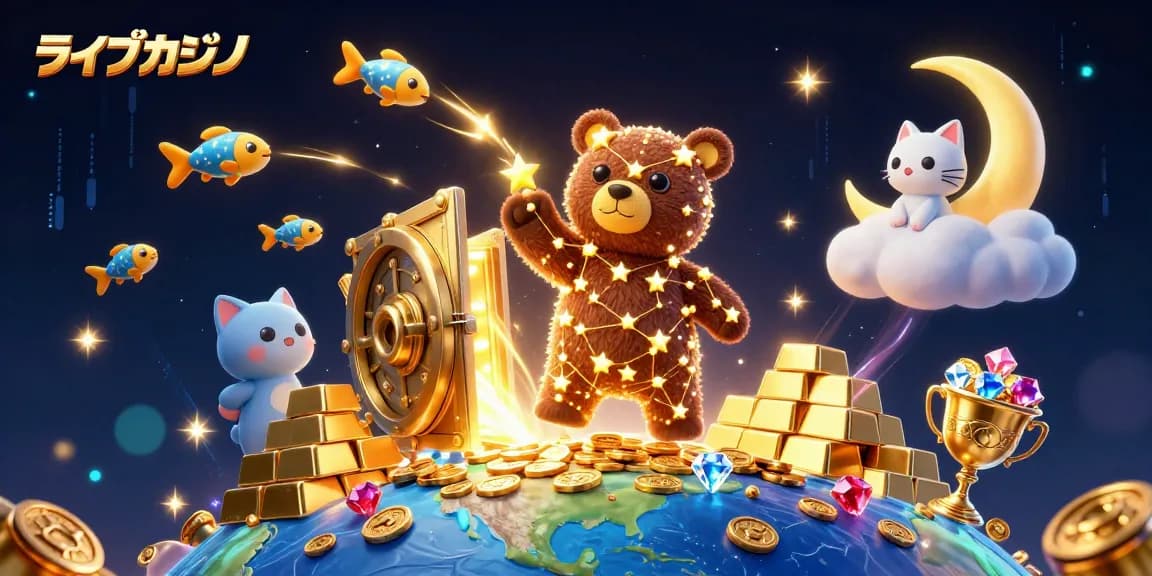 ライブカジノの魅力を概説し、星座のクマがコインを集める魅力的なイラスト。