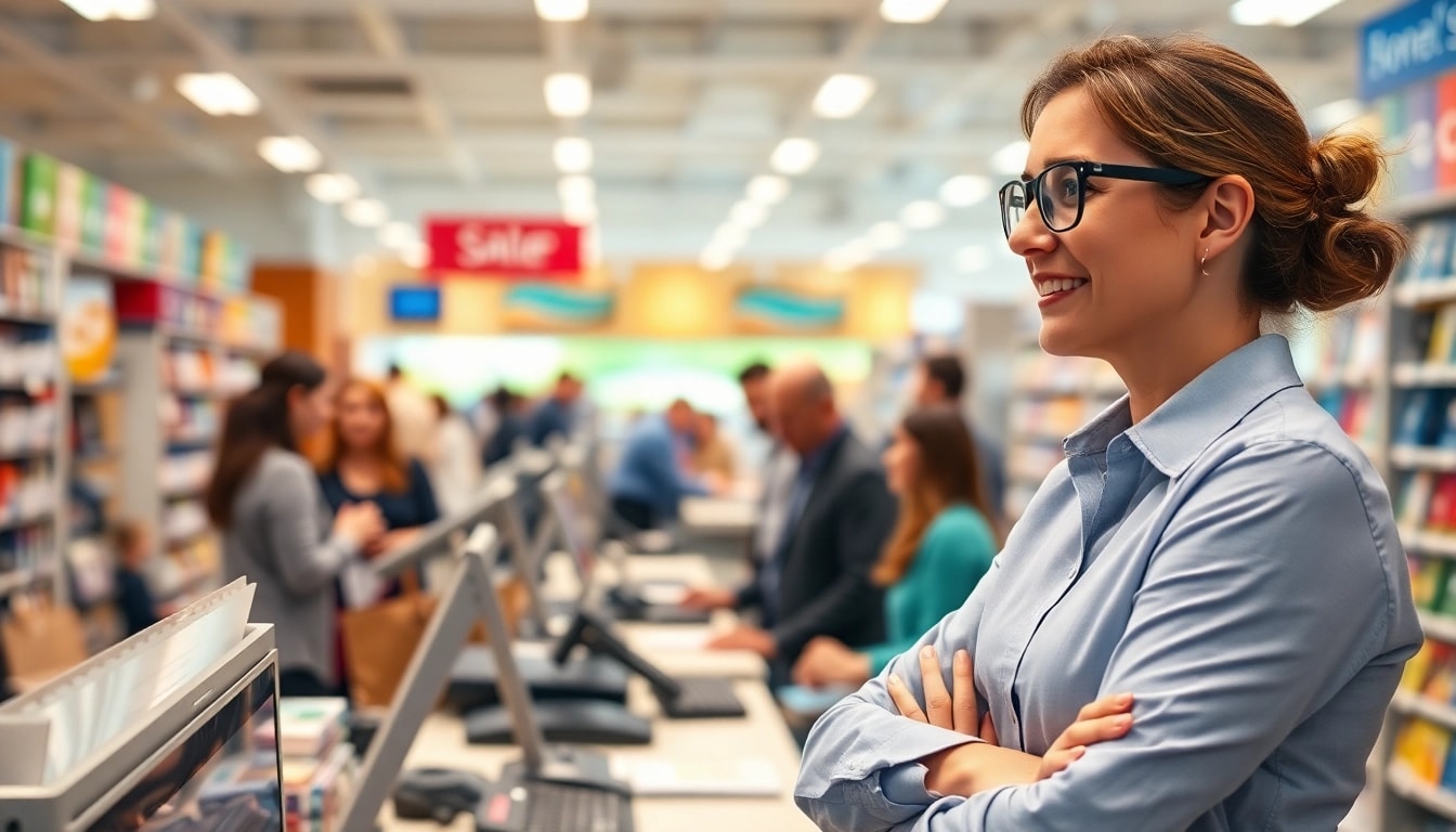 Assistant manager collaborating with team members in a retail setting, overseeing operations effectively.
