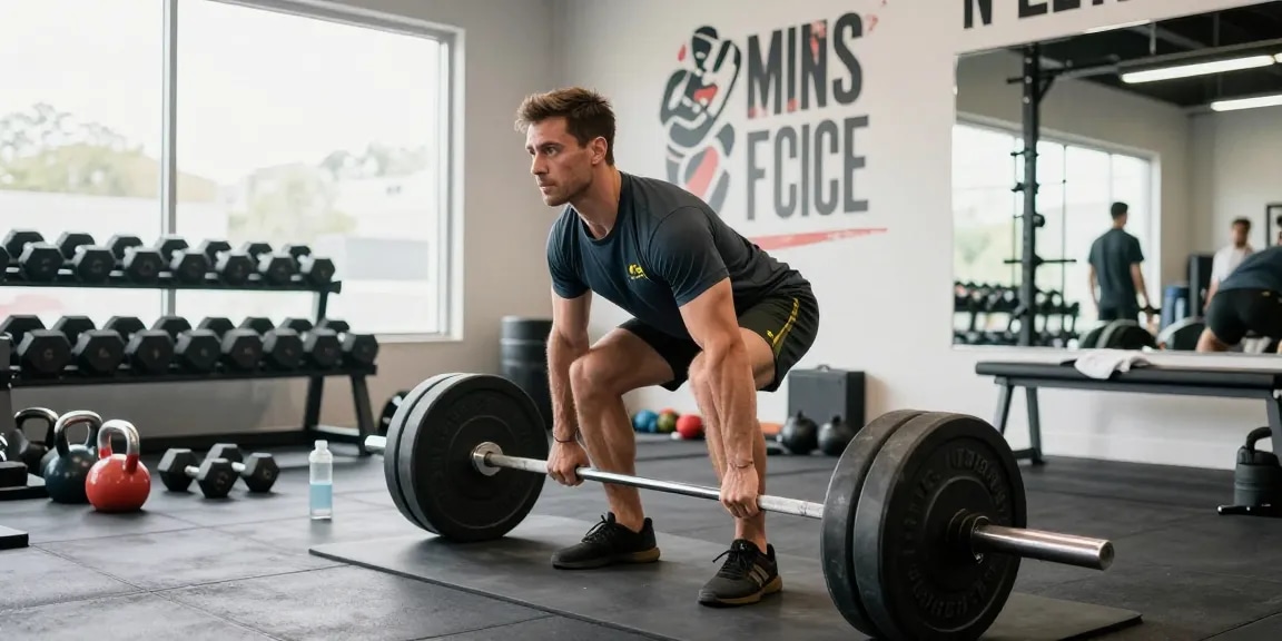 Gym wear men Australia displayed in a vibrant fitness studio during a deadlift session, showcasing powerful athleticism and focus.