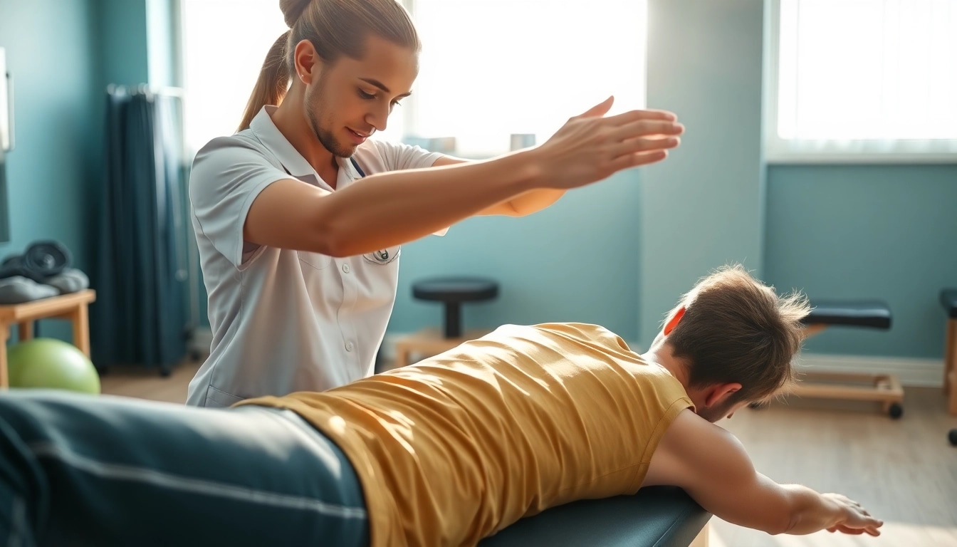 Griesbach physiotherapy session with a therapist helping a patient stretch in a bright clinic.