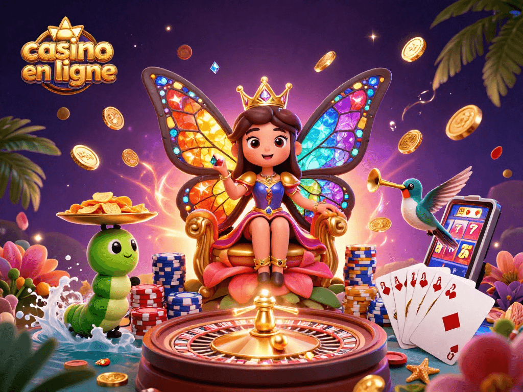 Jouez à notre casino en ligne avec des graphismes colorés et dynamiques, mettant en scène une reine papillon.