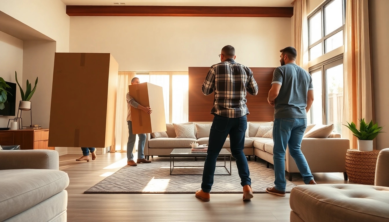 Efficient furniture removal Phoenix showcased by professionals handling items in a bright living space.