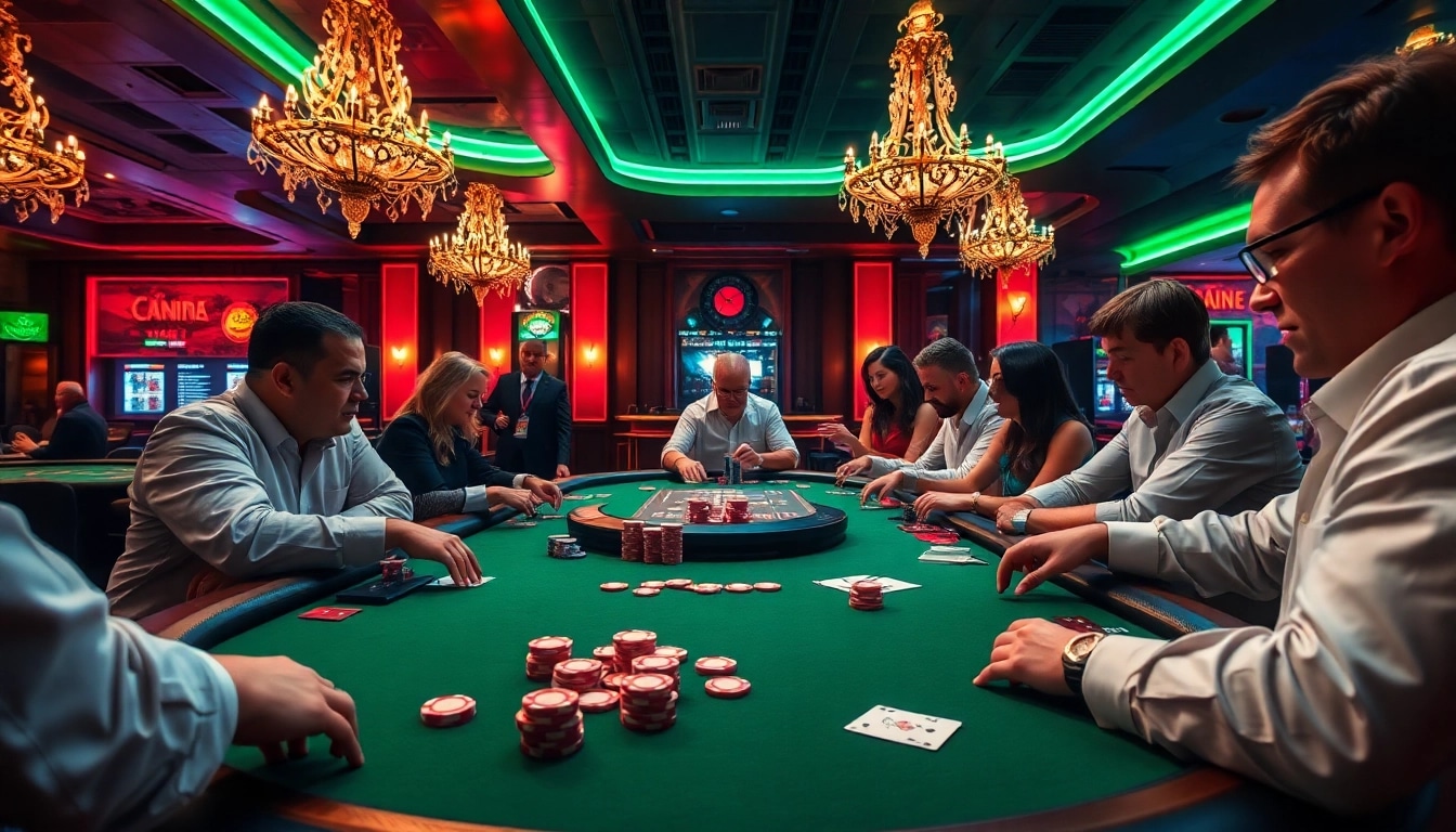 Taruhan serius pada meja poker dengan pgbet dalam suasana kasino yang meriah.