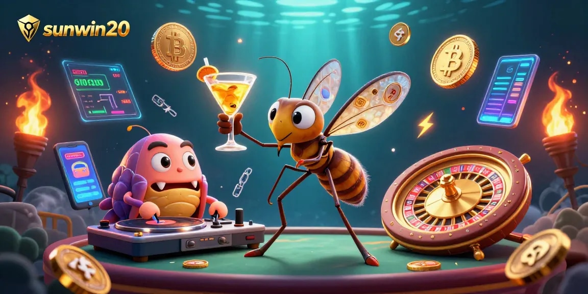 Engage with the vibrant sunwin20 casino scene featuring crypto elements and character mascots.