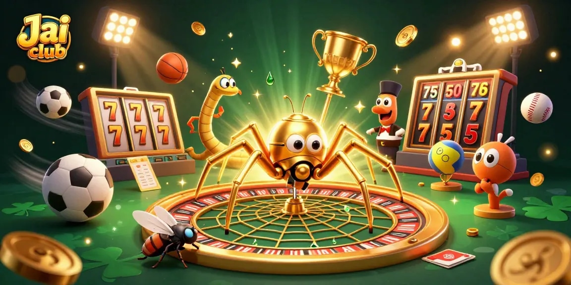 Engage in thrilling gameplay on Jai club with a golden spider and centipede croupier against a dynamic casino backdrop.