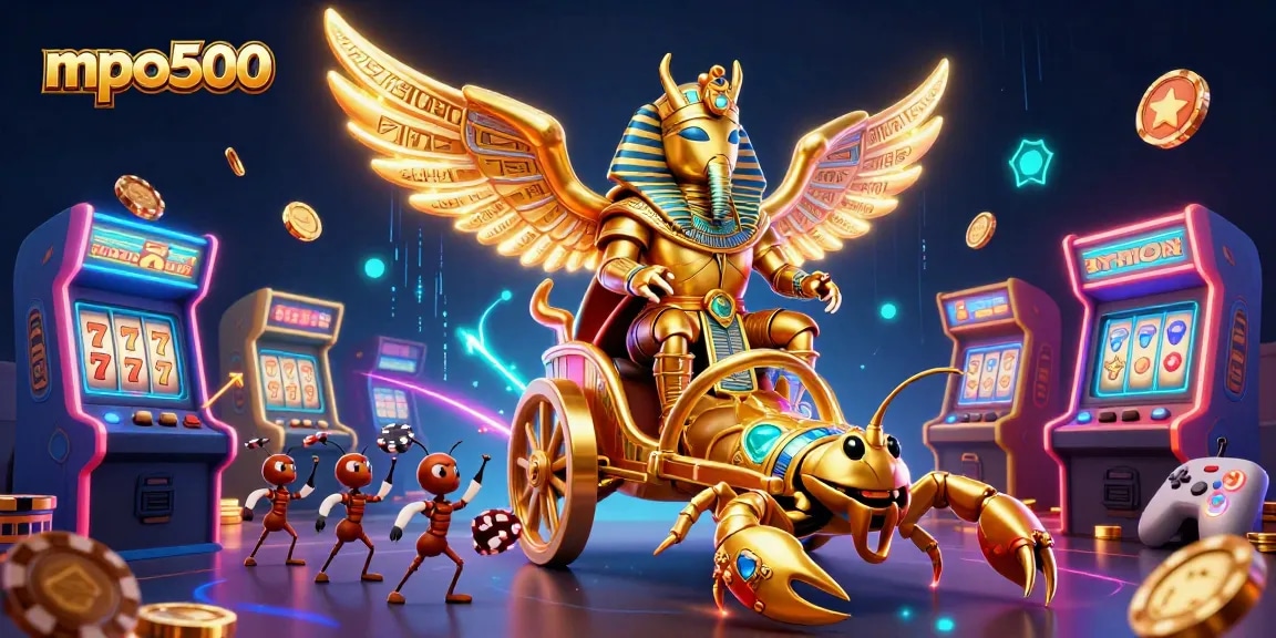 Engage with mpo500 in a vibrant 3D casino scene filled with games, poker chips, and electrifying visuals.