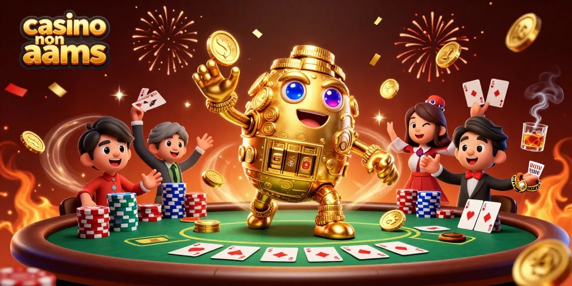 Prova i migliori giochi nei casino non AAMS con un golem dorato e un tavolo da poker ricco di dettagli.