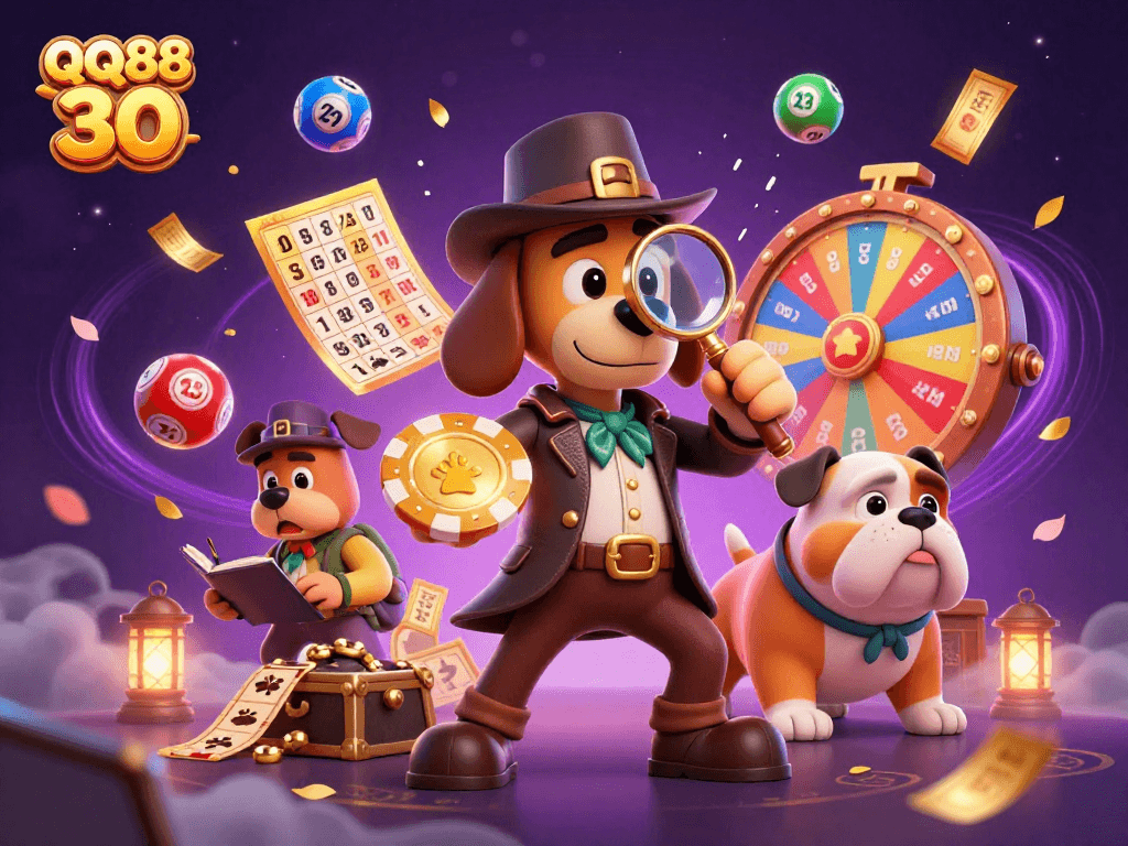 Examine the thrilling world of QQ88 30 as a detective uncovers poker chip clues amidst vibrant lottery elements.