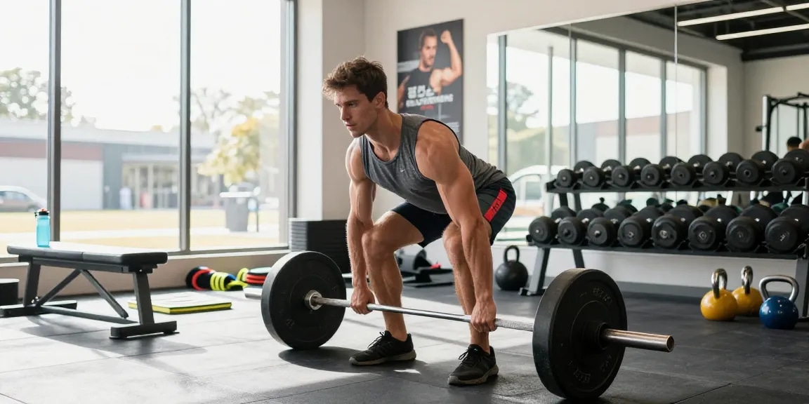 Gym wear men Australia: Athletic man lifting weights in a modern studio, showcasing high-performance gym attire.