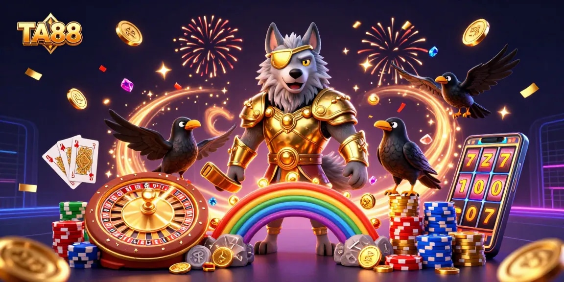Experience thrilling gaming action with TA88 featuring Odin and ravens amidst casino excitement.