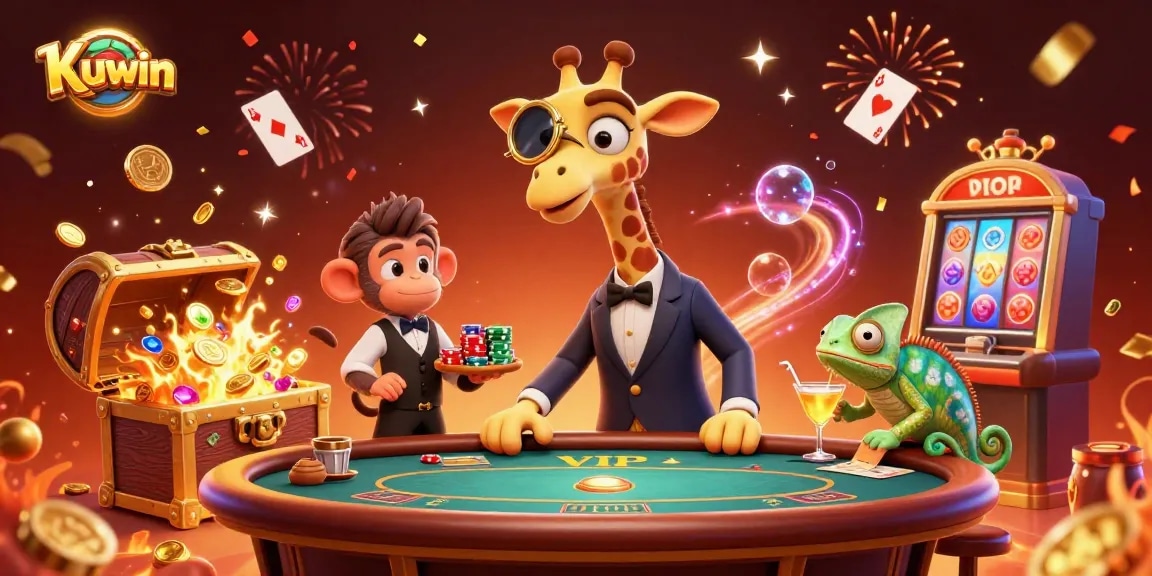 Kuwin showcases an energetic scene with a high-roller giraffe and vibrant casino elements.