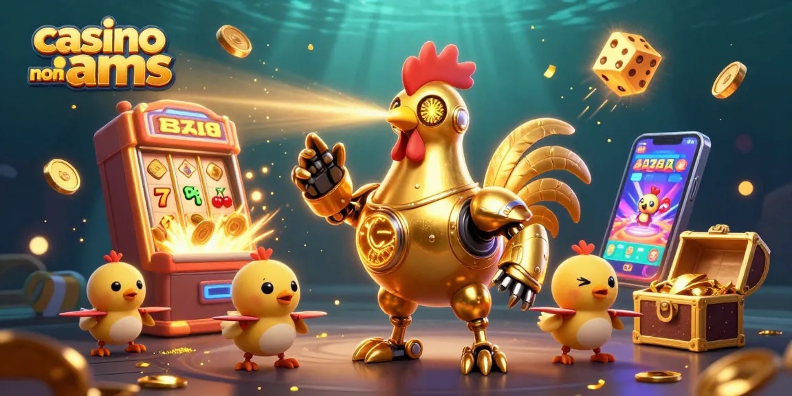Gioca nei casino non AAMS con il robot gallo dorato e i giochi di fortuna scintillanti.